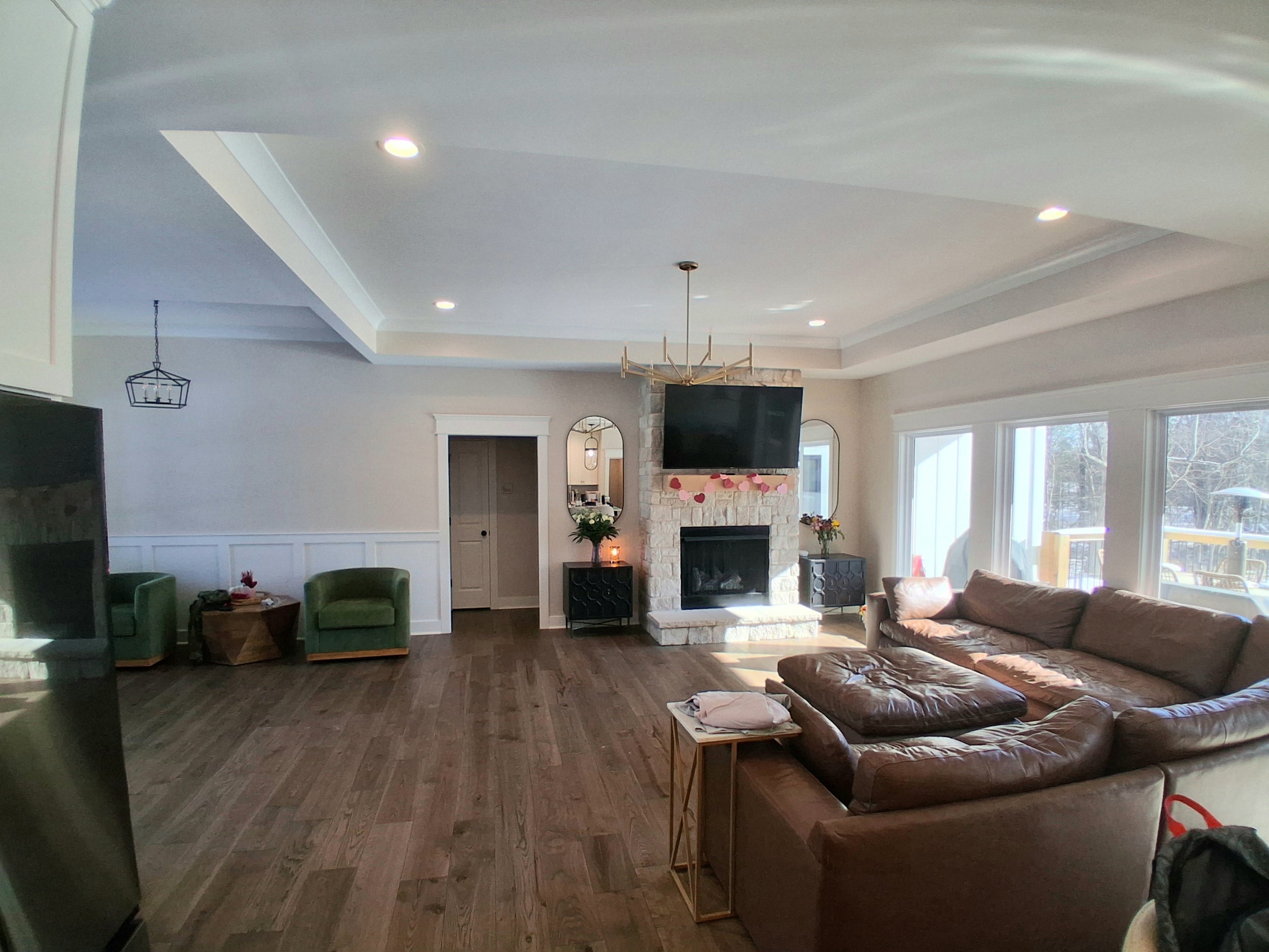 Living room with stone fireplace